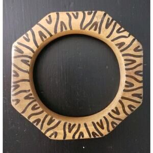Vintage Chunky Carved Wood Bangle Bracelet Animal Print Brown Black Octagon